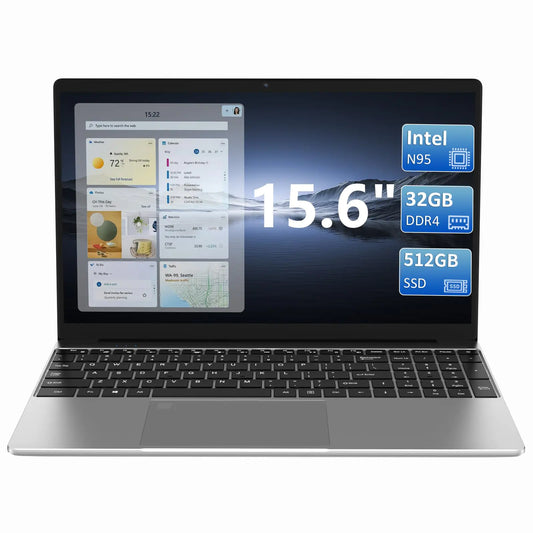 KurieTim 15.6" Laptop Computer - 32GB DDR4 RAM 512GB NVMe SSD Gaming Laptop with Backlight Keyboard Fingerprint ReaderQuad-Core Intel_N95 CPU(Up to 3.4GHz)180° IPS LCD ScreenUSB3.0x2 Windows11Pro