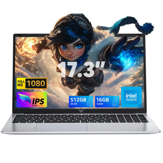 MALLRACE 2024 Laptop17.3-Inch FHD Display Gaming Laptop with Quad Core-12th Alder Lake N97(Up to 3.6GHz) 16GB RAM 512GB ROM Traditional Laptop Computer 6000Mah BatterySilver