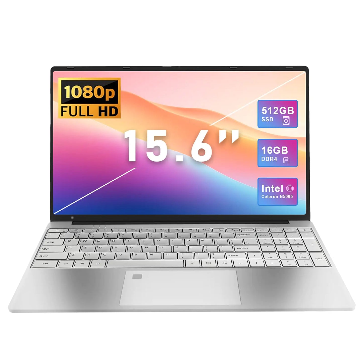 GINA Laptop 15 15.6 inch 1920x1080 FHD Laptop Computer 16GB DDR4 RAM 512GB SSD Intel Quad-Core Celeron N5095 Intel UHD Graphics Wi-Fi Bluetooth Backlit Keyboard Fingerprint Windows 11 Pro